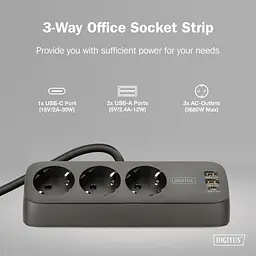 Блок розеток Digitus Office, 3xSchuko, 2xUSB-A, 1xUSB-C, 16A, 1.5 м, вилка Schuko, чорний - мініатюра 5