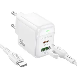 Мережевий зарядний пристрій з кабелем Borofone BAS44A Potential PD20W+QC3. 0 charger set(C to C) білий - мініатюра 3