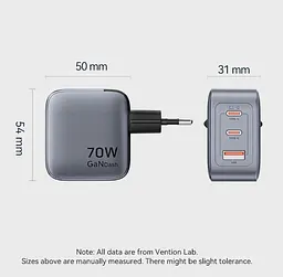Зарядний пристрій Vention 70W GaN FEX 1U+2C чорний євровилка - мініатюра 3