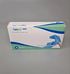 Рукавички одноразові вінілові блакитні CARE 365, розмір S, 100 шт, неопудрені, для огляду, клінінгу та сервісу