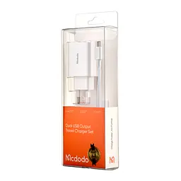 Мережевий зарядний пристрій McDodo Dual USB Charger ( EU Plug ) + Type-C Cable 1m Travel Set CH-6721 Білий - мініатюра 2