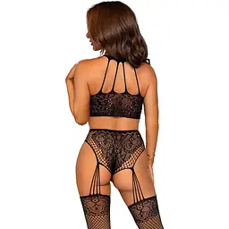 Еротичний комплект Leg Avenue Crop top and garter panty Black, топ, трусики з доступом, панчохи - мініатюра 3
