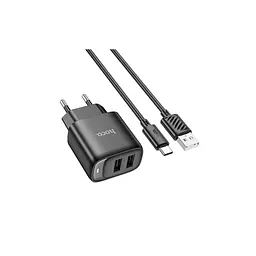 Зарядний пристрій HOCO C141A 2xUSB + cable USB to USB-C black (6942007627900) - мініатюра 2