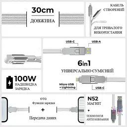 Кабель Rolling Square 6in1, inCharge XL 30 см, білий (XLS02R) - мініатюра 2