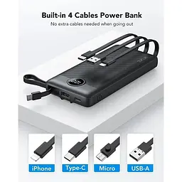 Портативний зарядний пристрій Vrurc 10000 mAh з вбудованими кабелями USB C - мініатюра 6