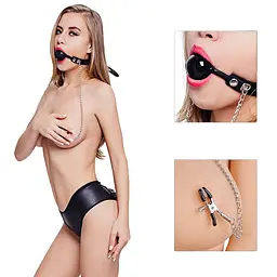 Кляп із затискачами для сосків Fetish Tentation Gag Ball With Nipple Clamps 4 см чорний - мініатюра 3