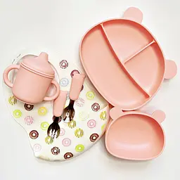 Посуд з силікону для дітей Ведмедики BP принт 1834 Soft pink