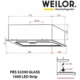 Витяжка вбудована Weilor PBS 52300 Glass WH 1000 LED Strip - мініатюра 10