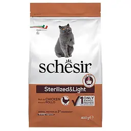 Сухий монопротеїновий корм для стерилізованих котів Schesir Cat Sterilized & Light Шезір лайт з куркою 400 г (ШКВСК0.4)