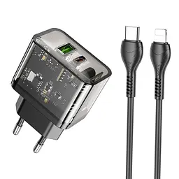 Зарядний пристрій Hoco N34 USB/ Type-C QC PD 20W прозоро-чорний + кабель Type-C to Lightning