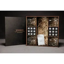 Подарунковий набір Whiskey Stones камені для віскі у дерев'яному пеналі №8 + 4 склянки Bormioli Rocco Cassiopea + щипці + мішечок - мініатюра 2
