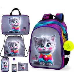 Ортопедичний шкільний рюкзак 6 в 1 для дівчинки School Standard 38х28х16 см з Котом для молодших класів (SET 160-21)