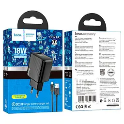Мережевий зарядний пристрій з кабелем Hoco CS21A Rich single port QC3. 0 charger set(Micro)(EU) чорний - мініатюра 2