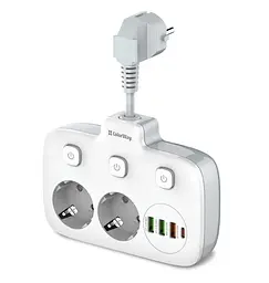 Мережевий фільтр-адаптер ColorWay CHE-24-PDW 20W, 2x220V, 3xUSB-A, 1xUSB-C