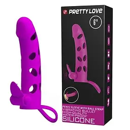 Насадка на член - Pretty Love Vibrating Penis Sleeve With Ball Strap 6" Purple