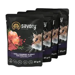 Набір вологих кормів Savory 3+1 для стерилізованих кішок, ягня з журавлиною в соусі, паучі, 4 шт. 85 г - мініатюра 4