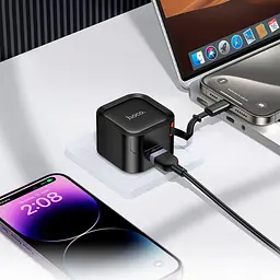 Адаптер мережевий із вбудованим кабелем USB-C - HOCO C154A Changer PD charger with telescopic cable 20W чорний - мініатюра 3