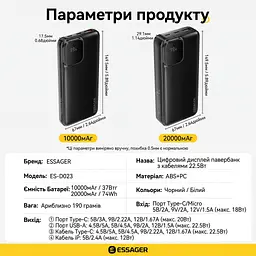 Павербанк Essager 10000 mAh 22.5W з кабелем (ES-D023), чорний - мініатюра 13