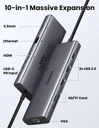 Док-станція USB3.1 Type-C --> HDMI/VGA/USB 3.0х3/RJ45/SD/TF/PD/3,5мм TRRS 100W 10-in-1 CM498 Ugreen - мініатюра 4