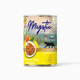 Повнораціонний вологий корм Mystic для дорослих котів шматочки з куркою та овочі - морква та горошок 400гр