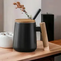 Кухоль керамічний OldBro з дерев'яною ручкою кришкою та ложкою 480 мл black - мініатюра 3