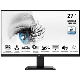 Монітор 27" MSI PRO MP273A WLED, IPS, 1920x1080 (16:9), 1 мс, 100 Гц, 250 кд/м², 1000:1, 178°/178°, 2x3 Вт, VGA/HDMI/DP чорний