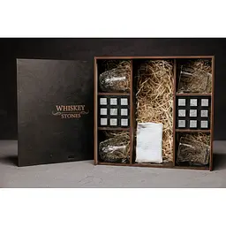 Подарунковий набір Whiskey Stones камені для віскі у дерев'яному пеналі №8 + 4 склянки Bormioli Rocco Dedalo + щипці + мішечок - мініатюра 2