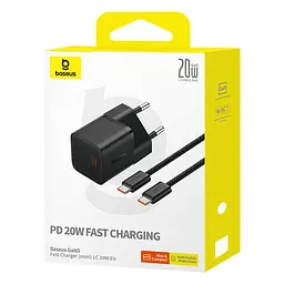 Мережевий зарядний пристрій з кабелем Baseus GaN5 Fast Charger(mini) 1C 20W EU Cluster чорний (With: Fast Charging Data Cable) - мініатюра 2