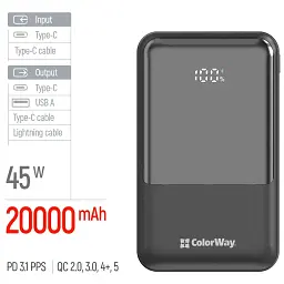 Батарея універсальна ColorWay 20 000 mAh DigiPower PD/45W, QC/4.0, Black (CW-PB200LP04BK) - мініатюра 6