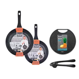 Набір сковорідок Prime Chef Krauff 26см, 28см з пресом для часнику та дошкою + Ємність для олії/оцту 500мл.