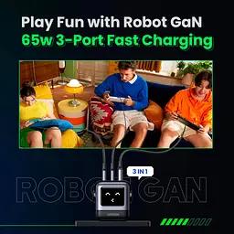 Зарядний пристрій 3xUSB 65W (2xUSB-C+USB-A) Gan Robot tech Fast Charger Сірий CD361 Ugreen - мініатюра 7