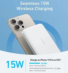 Павербанк Anker MagGo A1664 Ultra Slim магнітний з бездротовою зарядкою білий 10000 mAh - мініатюра 2