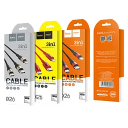 Кабель HOCO X26 USB на iP+Type-C+Micro 2A, 1m, nylon, алюмінієві connectors Чорний+Золотистий - мініатюра 2