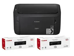 Принтер лазерний ч/б A4 Canon LBP-6030B, чорний + два картриджі Canon 725, 600x600 dpi, до 18 стор/хв, USB, картридж Canon 725