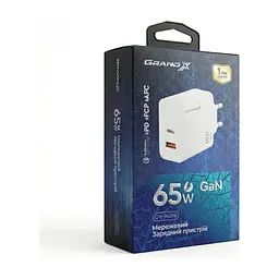 Зарядний пристрій Grand-X GaN 1xUSB-C + 1xUSB 65W PD3.0 QC4.0 AFC SCP FCP white (CH-960W) - мініатюра 6