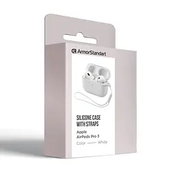 Силіконовий чохол для навушників Apple AirPods Pro 3, Silicone Case with straps, білий, захисний чохол з ремінцем, ультратонкий і легкий, повний захист, з підвіскою, м"який силікон, ArmorStandart (ARM88301) - мініатюра 2