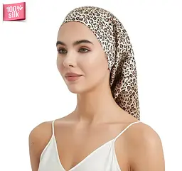 Шовкова шапочка для сну MaryuPHair з 100% натурального шовку для захисту волосся (леопардовий)