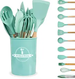 Силіконовий кухонний набір приладдя Kitchen & Dining 12 предметів (дерево+силікон) бірюзовий - мініатюра 3