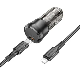 Автомобільний зарядний пристрій Borofone BZ24 Clever single port 1USB-C QC3.0/PD20W Type-C to Lightning Transparent Black (34162_3337969) - мініатюра 5
