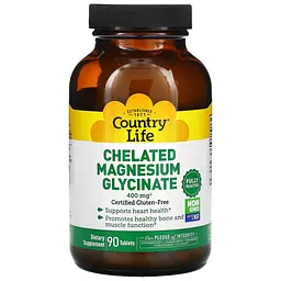 Гліцинат магнію Country Life Chelated Magnesium Glycinate 400 mg, 90 таблеток для підтримки серця та м'язів