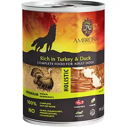 Вологий корм для дорослих собак Ambrosia Wet Food шматочки в паштеті індичка та качка 395 г