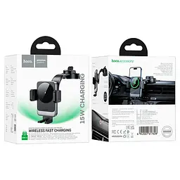 Автоутримувач HOCO HW14+ Wireless Charging 15W, кріплення на торпеду, затискач 55-90мм, Black, Box - мініатюра 5