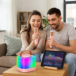 Портативна колонка-караоке + 2 мікрофони, Bluetooth, USB, TF, AUX, T7, Рожевий / Бездротова колонка / Bluetooth-колонка - мініатюра 8
