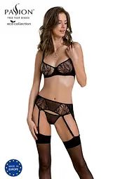 Комплект Passion LEAFA SET black S/M, мереживо+сітка, бюстгальтер на кісточках, стрінги, пояс для панчіх - мініатюра 1