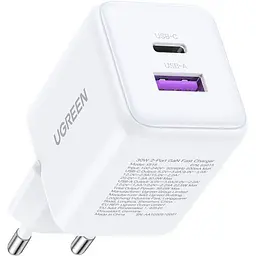 Зарядний пристрій 2xUSB 30W (USB-A + USB-C) X516 Gan білий Ugreen (65015) - мініатюра 2