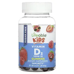 Витамин D3 и D3+K2 для детей Kids Vitamin D3 Sugar Free 25 mcg (1,000 IU) 60 жевательных конфет Lifeable vit0006356