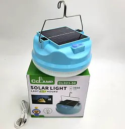 Акумуляторна кемпінгова LED лампа світильник із сонячною панеллю та гачком 3 режими до 7 годин світіння ліхтар CCLamp CL023-50 Solar Light