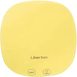 Кухонні ваги Liberton LKS-0718, жовтий, до 10 кг, дисплей, тарокомпенсація, автовідключення, індикатор перевантаження, батарейка: