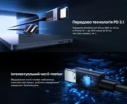 Кабель UGREEN L513 USB-C - USB-C PD 3.1 240 Вт 1 м чорний (45067) - мініатюра 10
