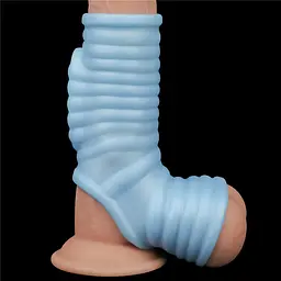Насадка на пеніс з вібрацією Lovetoy Knights Ring Vibrating Wave With Scrotum Sleeve 14.4 см блакитний - мініатюра 3
